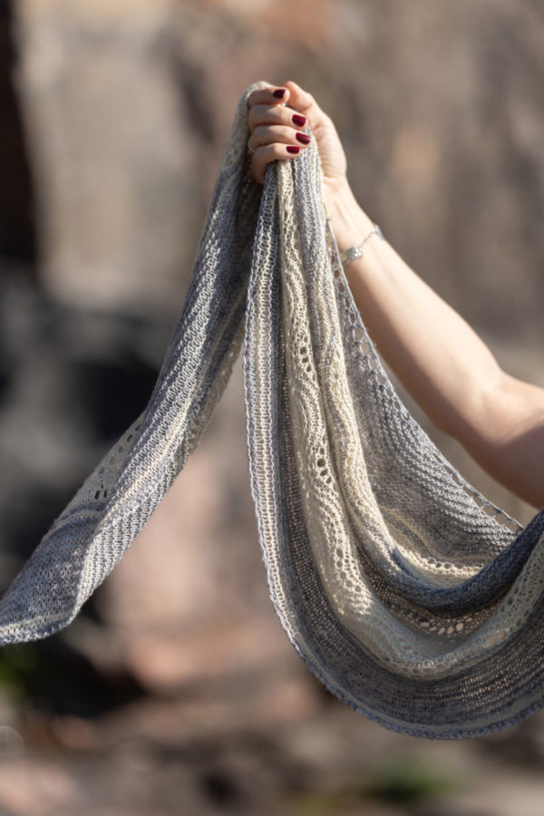 Coastline – Crescent shawl knitting pattern with garter stitch and easy Shetland lace