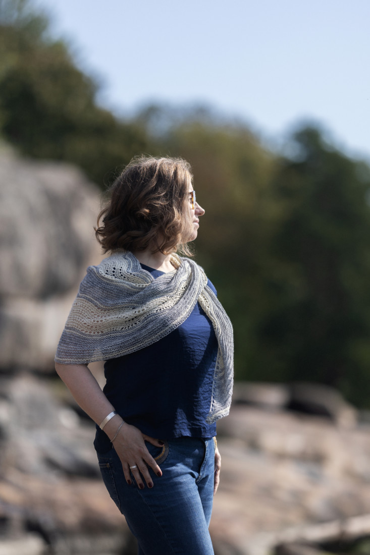 Coastline – Crescent shawl knitting pattern with garter stitch and easy Shetland lace