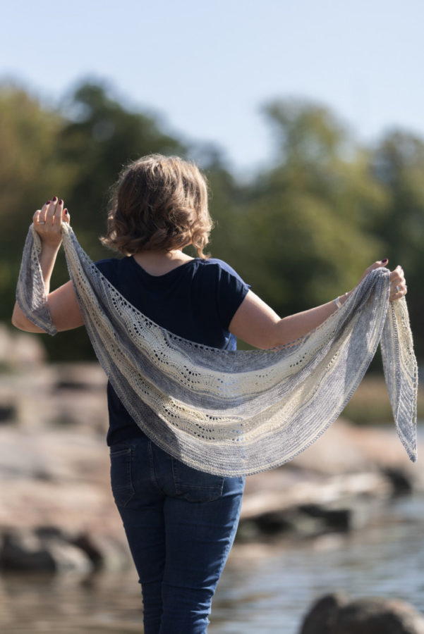 Coastline – Crescent shawl knitting pattern with garter stitch and easy Shetland lace