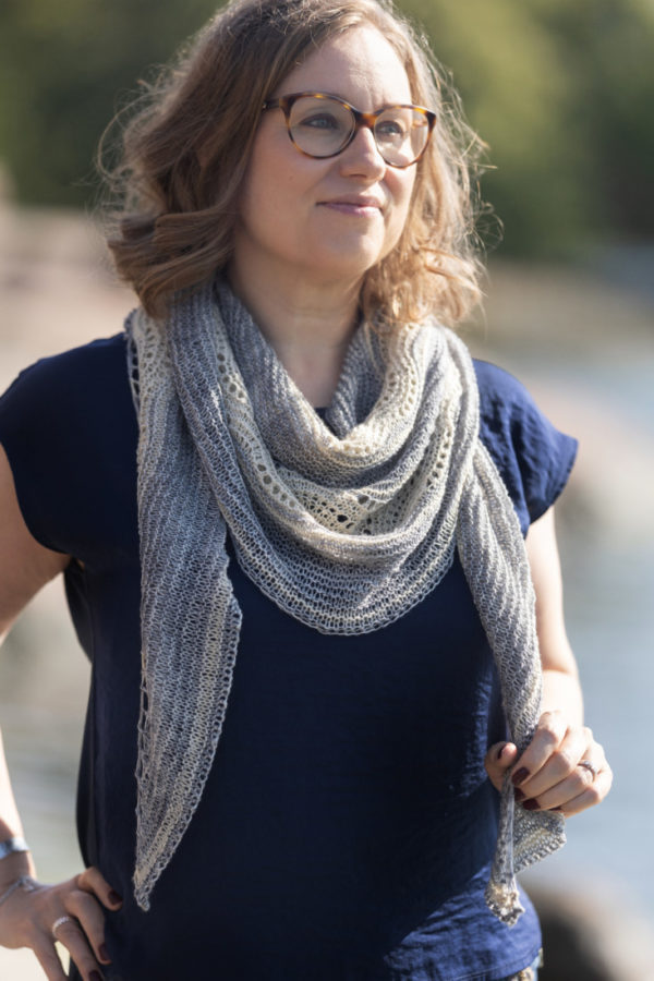 Coastline – Crescent shawl knitting pattern with garter stitch and easy Shetland lace