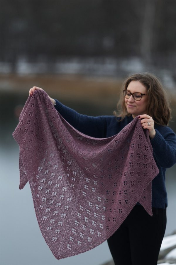 Flowers of Winter – Large triangle shawl knitting pattern with easy lace. Perfect for beginners!