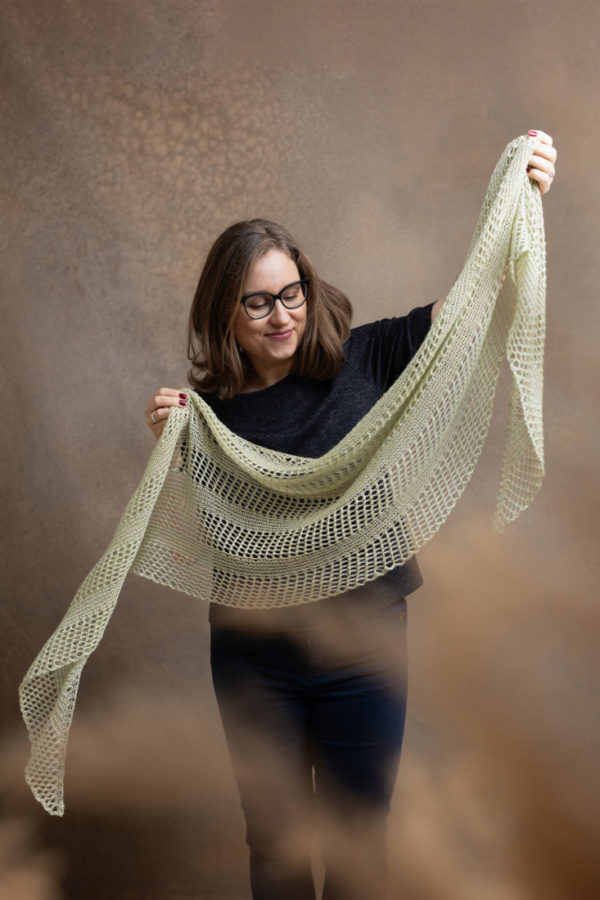 Wind Whisper – Beginner lace shawl knitting pattern with garter stitch and simple eyelets.