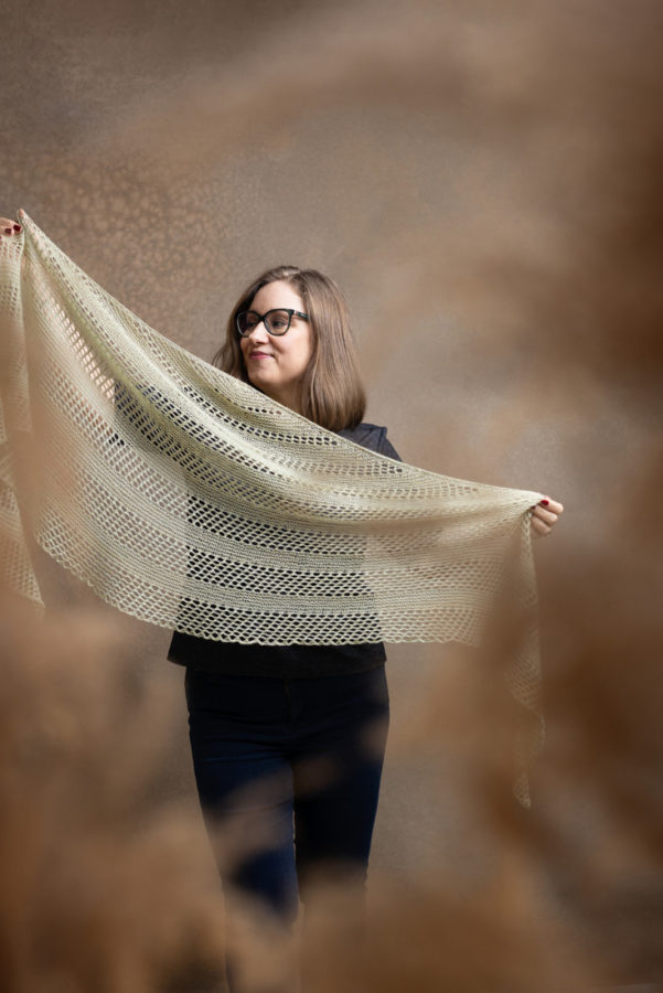 Wind Whisper – Beginner lace shawl knitting pattern with garter stitch and simple eyelets.